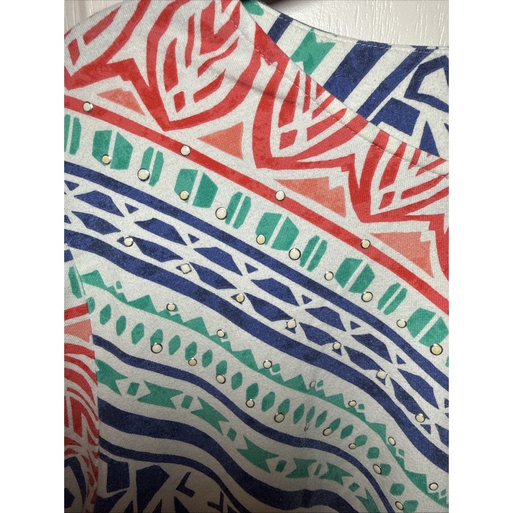 Alfred Dunner Women L Tribal Aztec Print Tee Top Multicolor Studded Cotton - Picture 5 of 10